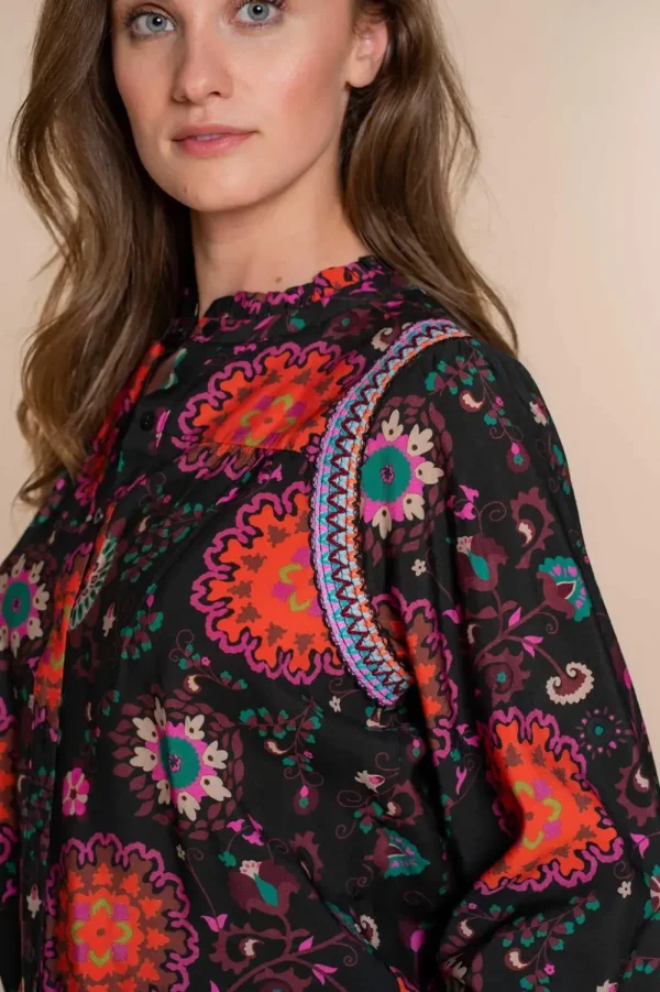 Vrouwen Geisha Fashion Geisha Dames Bloemen Print Blouse 33691-20 Zwart