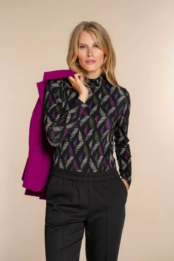 Vrouwen Geisha Fashion Geisha Dames Geprinte Top Met Col 32893-60 Zwart