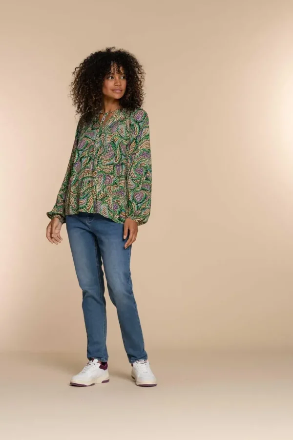 Vrouwen Geisha Fashion Geisha Dames Smock Top Met Pofmouwen En Print 33665-20 Groen