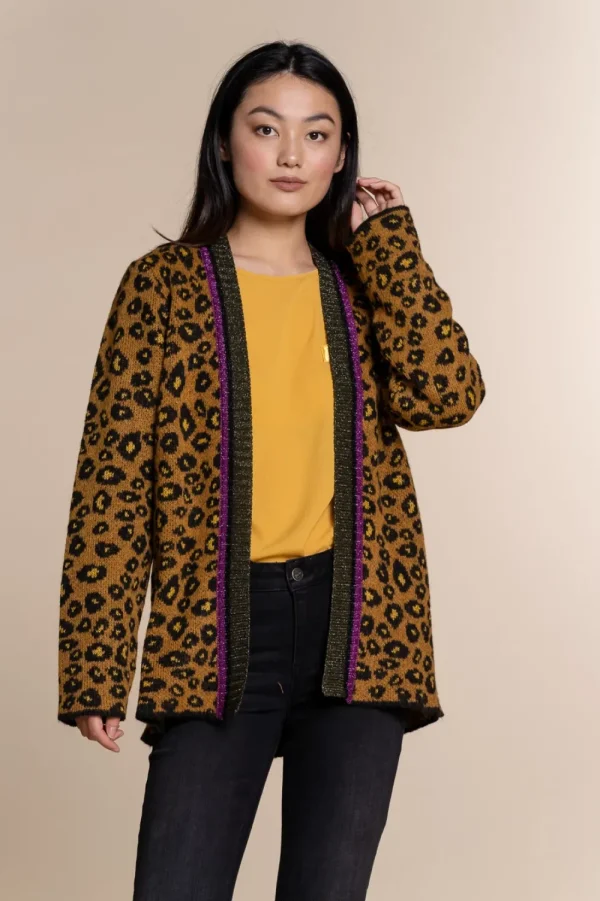 Vrouwen Geisha Fashion Geisha Gebreid Vest Leopard Print 94554-70 Mustard