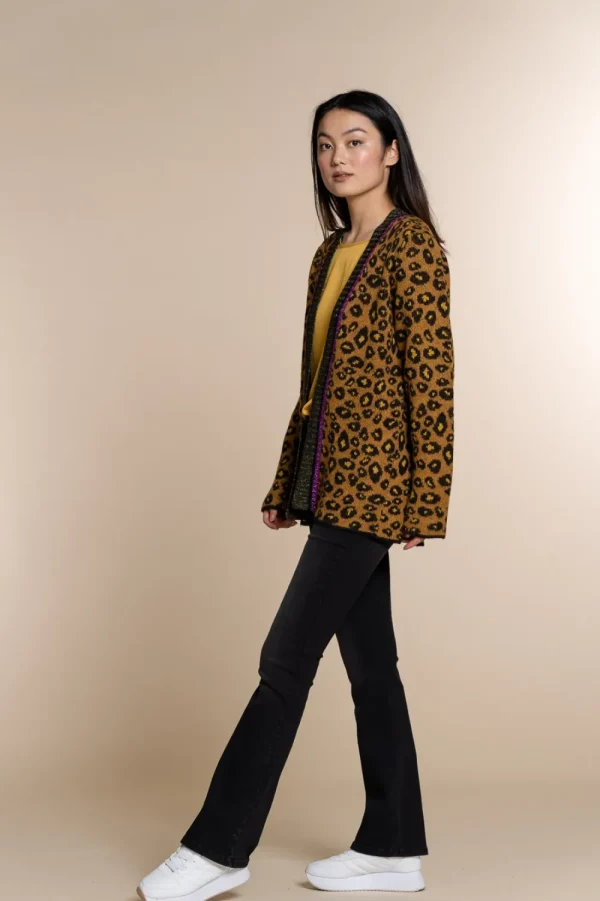 Vrouwen Geisha Fashion Geisha Gebreid Vest Leopard Print 94554-70 Mustard