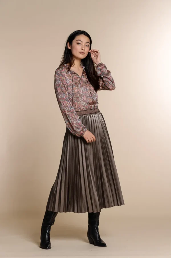 Vrouwen Geisha Fashion Geisha Midi Pu Plisse Rok Lurex 06804-10 Bronze