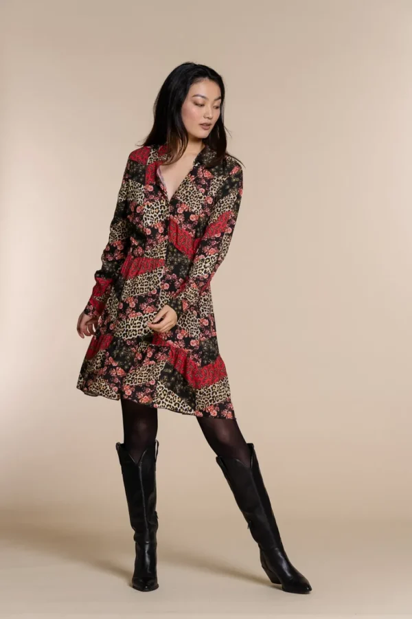 Vrouwen Geisha Fashion Geisha Strokenjurk Animal/Flowerprint 97769-20 Zwart