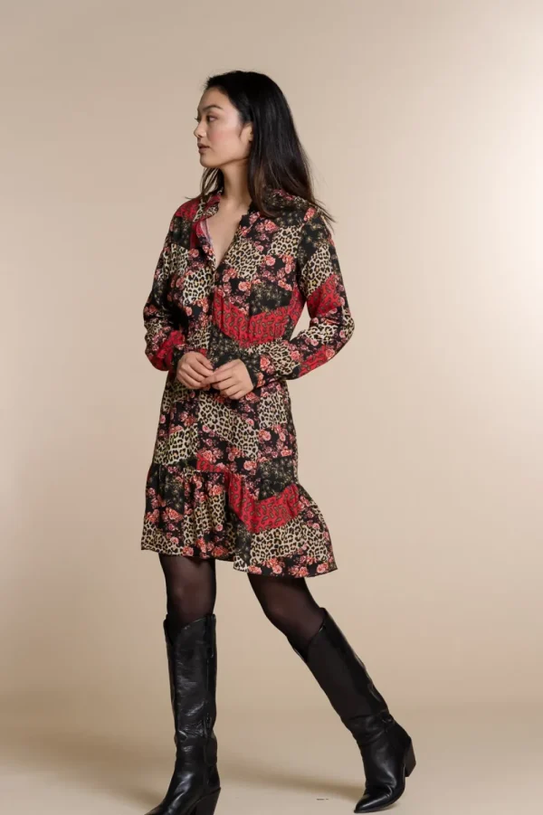 Vrouwen Geisha Fashion Geisha Strokenjurk Animal/Flowerprint 97769-20 Zwart