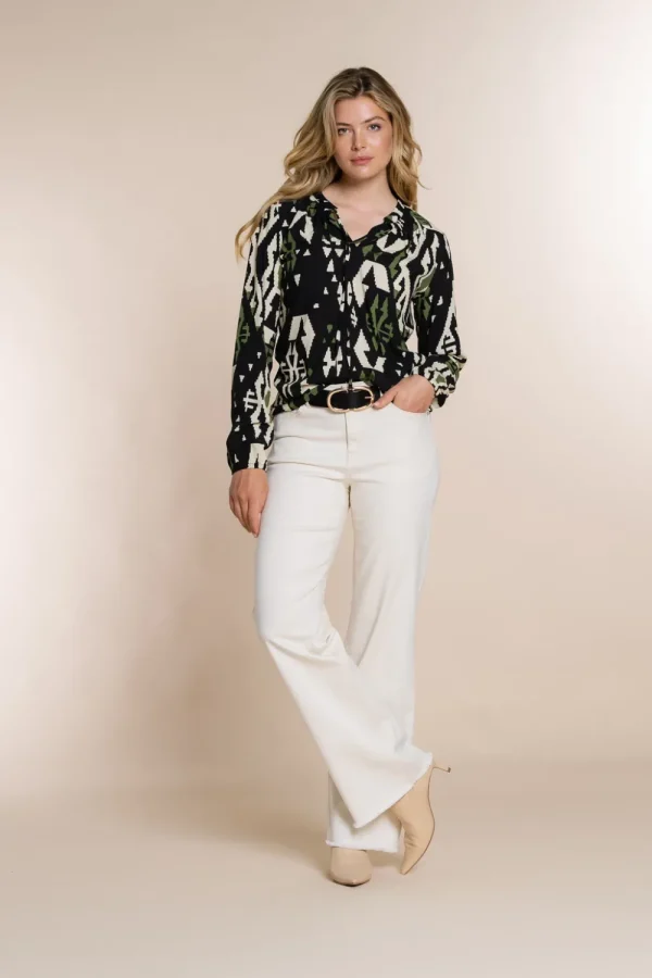 Vrouwen Geisha Fashion Geisha Top Grote Ikat Print 23662-20 Zwart